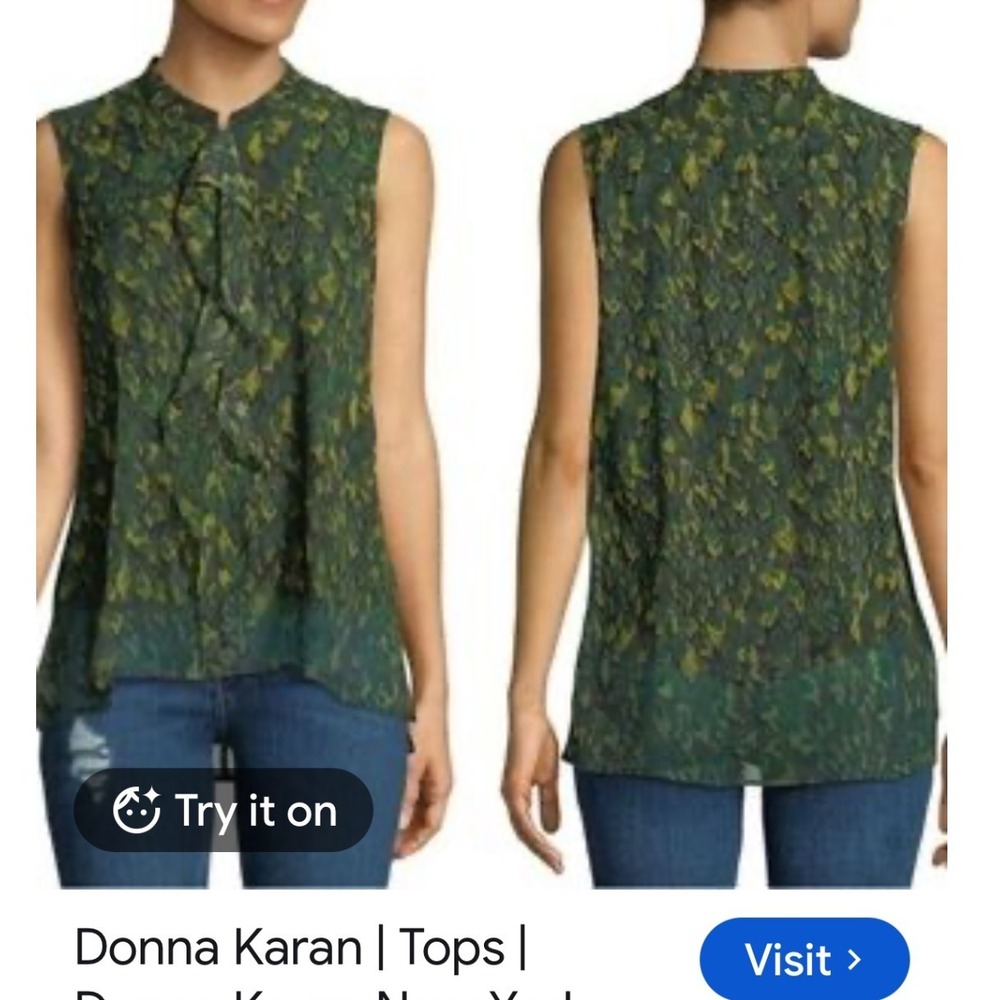 Donna Karan Sleeveless Ruffle Blouse Women S Green Abstract Silk Shell